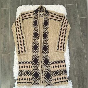 Women’s Lucky brand to the knee cardigan sweater.  Size small.  tan and brown